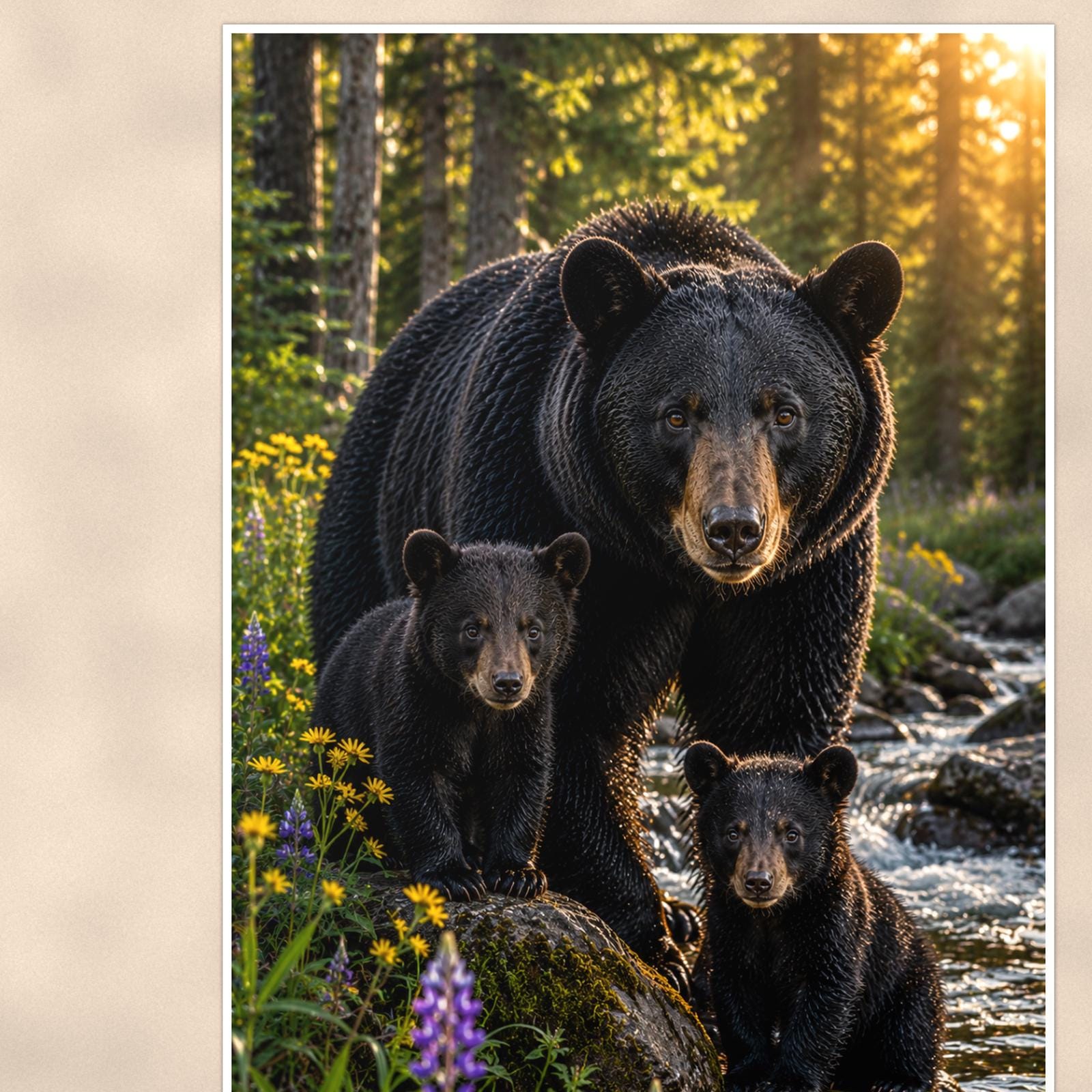 Cub by the Stream Bear — 24x36 in art print poster, premium luster paper with a white border; close-up framed on the main subject of the artwork, paper surface visible.