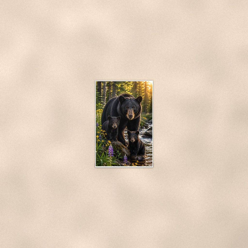 Cub by the Stream Bear — 24x36 in art print poster, premium luster paper with a white border; poster seen from further back, at true 24x36 in scale on a warm wall.