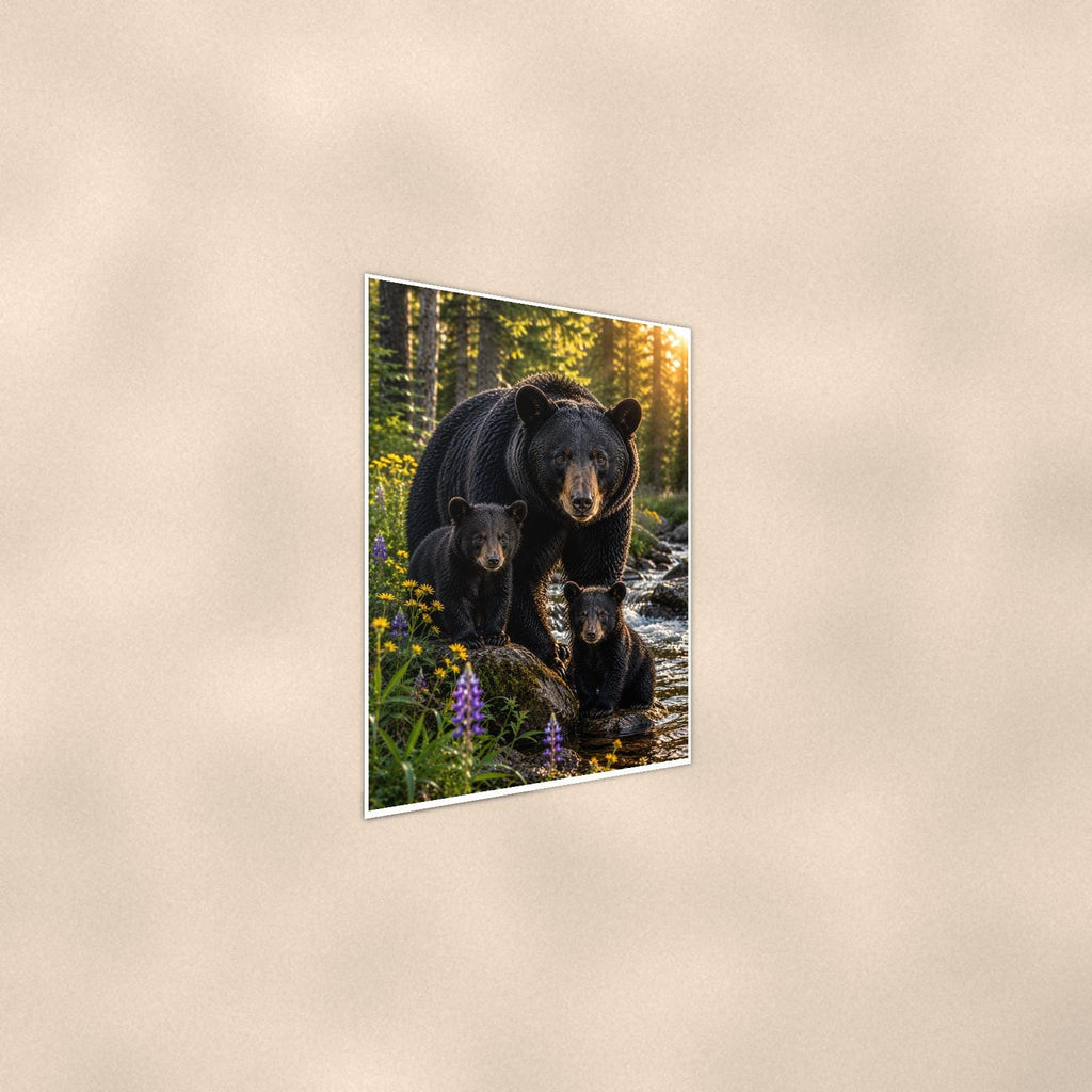 Cub by the Stream Bear — 24x36 in art print poster, premium luster paper with a white border; steeper three-quarter angle on a warm wall, catching the luster sheen.