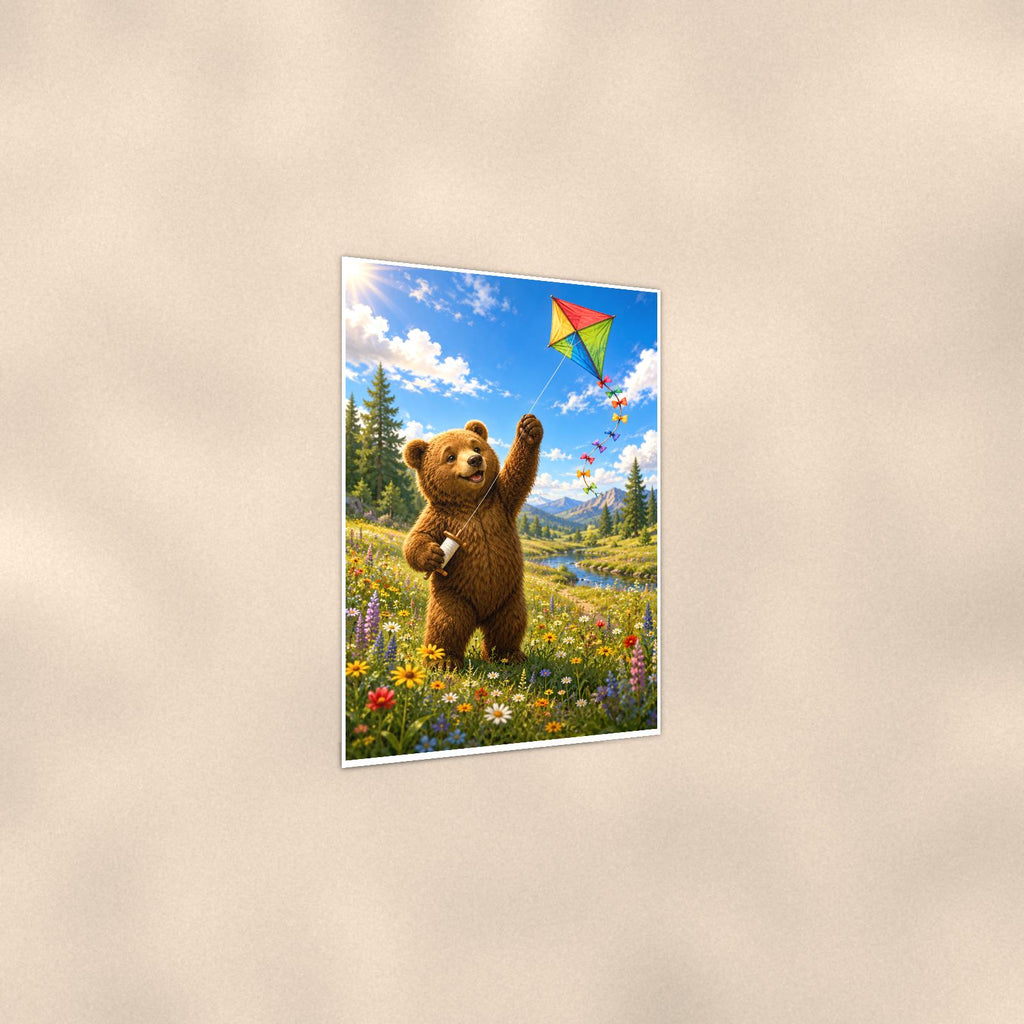 Kite Day Bear — 24x36 in art print poster, premium luster paper with a white border; gentle three-quarter angle on a warm wall, showing the flat paper edge.