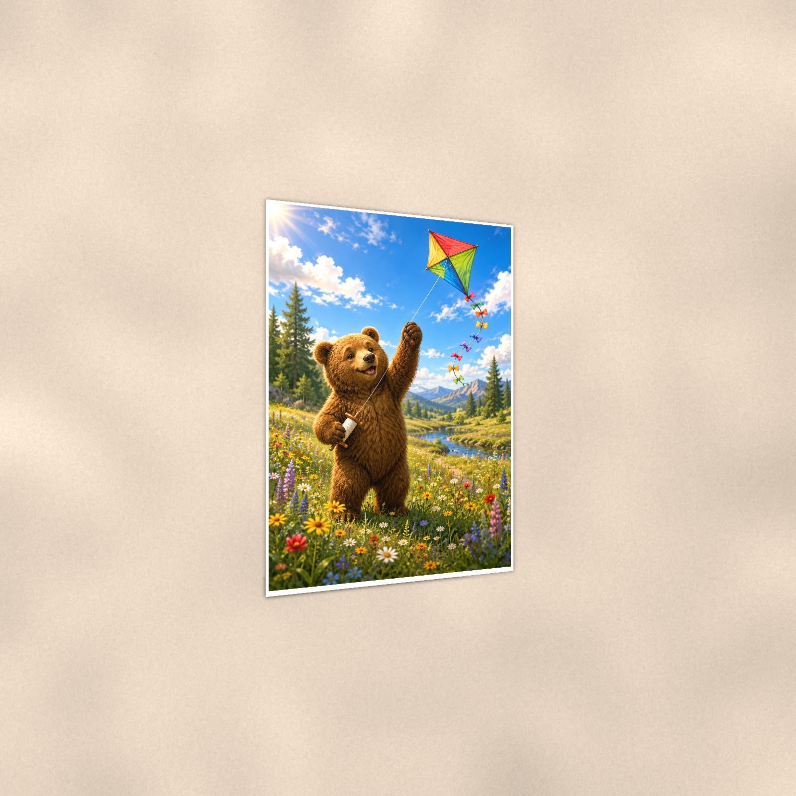 Kite Day Bear — 24x36 in art print poster, premium luster paper with a white border; gentle three-quarter angle on a warm wall, showing the flat paper edge.