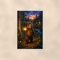 Lantern Twilight Bear — 24x36 in art print poster, premium luster paper with a white border; poster shown straight on against a warm wall.