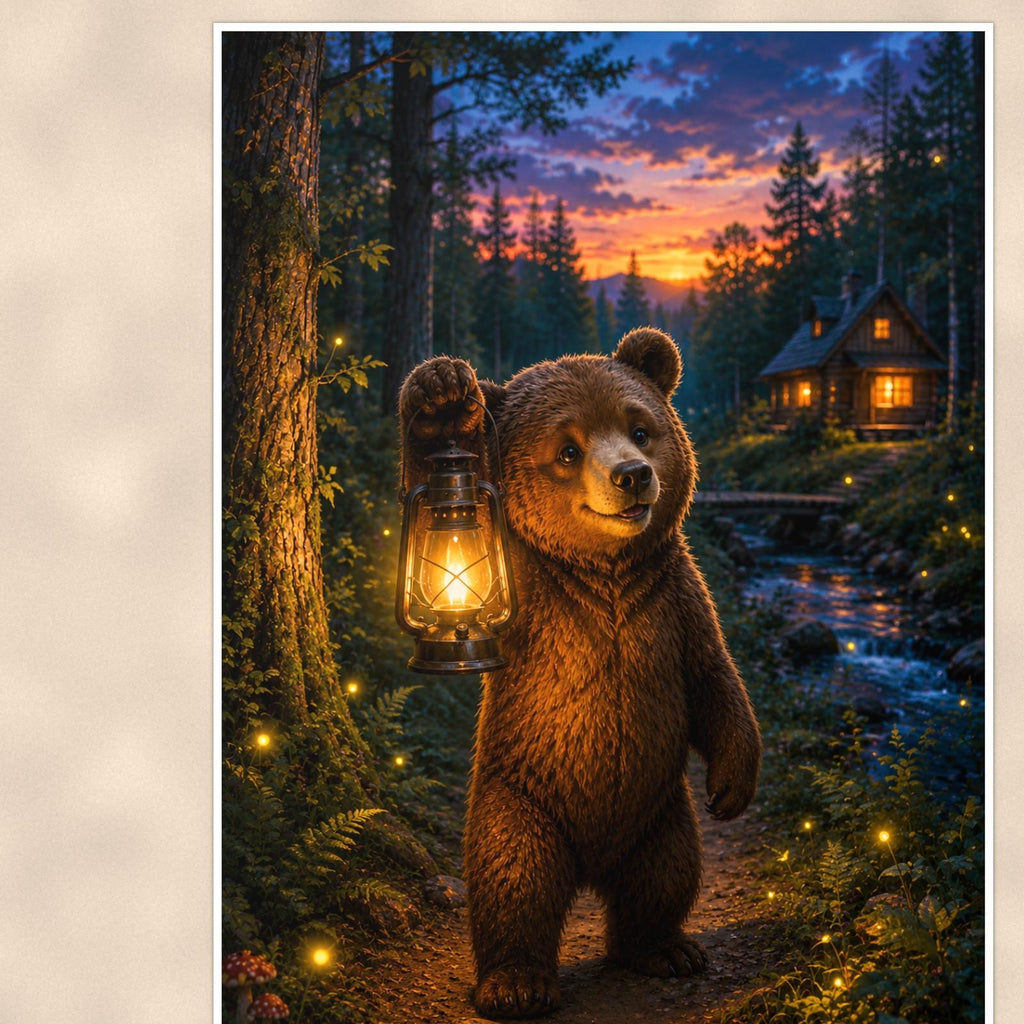 Lantern Twilight Bear — 24x36 in art print poster, premium luster paper with a white border; close-up framed on the main subject of the artwork, paper surface visible.