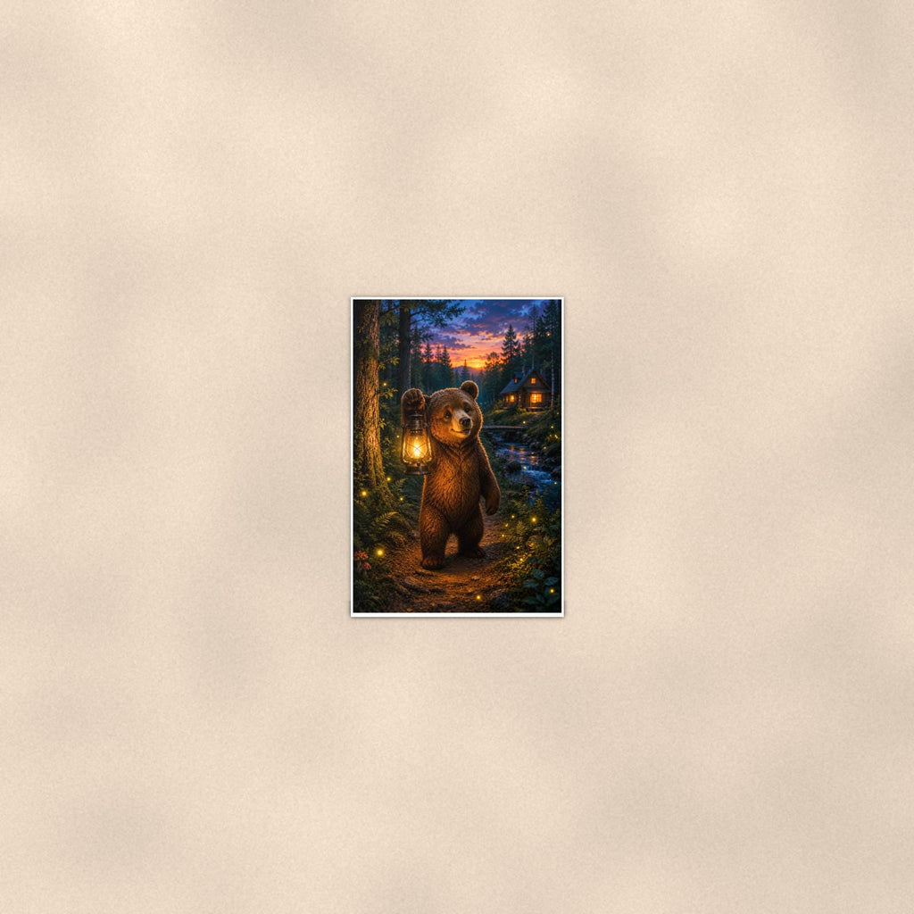 Lantern Twilight Bear — 24x36 in art print poster, premium luster paper with a white border; poster seen from further back, at true 24x36 in scale on a warm wall.