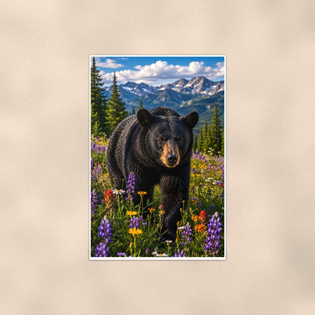 Meadow Wander Bear — 24x36 in art print poster, premium luster paper with a white border; poster shown straight on against a warm wall.