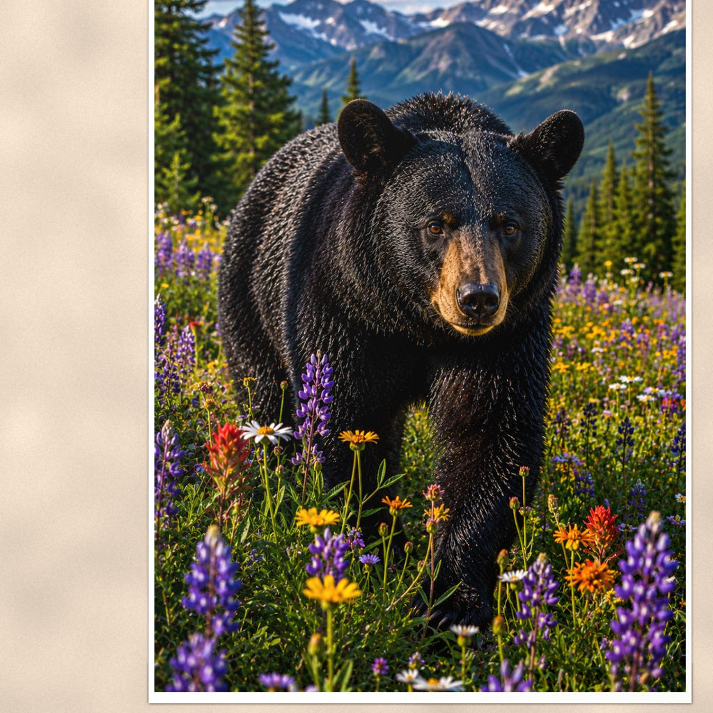 Meadow Wander Bear — 24x36 in art print poster, premium luster paper with a white border; close-up framed on the main subject of the artwork, paper surface visible.