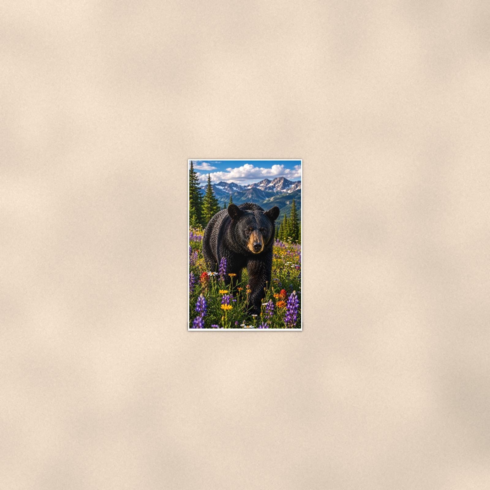 Meadow Wander Bear — 24x36 in art print poster, premium luster paper with a white border; poster seen from further back, at true 24x36 in scale on a warm wall.