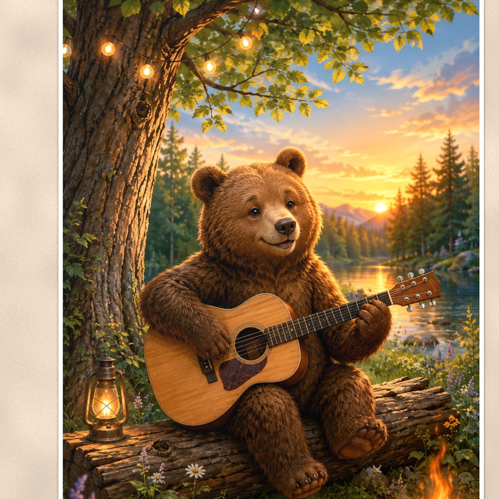 Campfire Guitar Bear — 24x36 in art print poster, premium luster paper with a white border; close-up framed on the main subject of the artwork, paper surface visible.