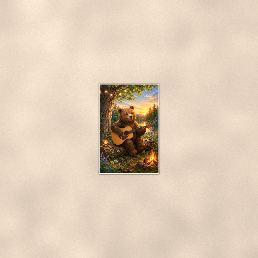 Campfire Guitar Bear — 24x36 in art print poster, premium luster paper with a white border; poster seen from further back, at true 24x36 in scale on a warm wall.