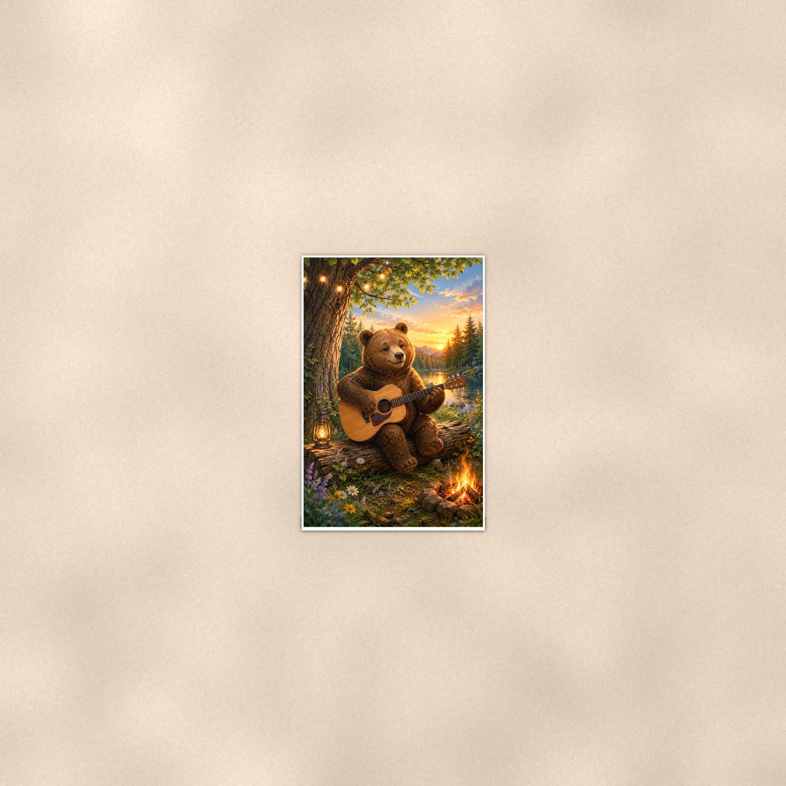Campfire Guitar Bear — 24x36 in art print poster, premium luster paper with a white border; poster seen from further back, at true 24x36 in scale on a warm wall.