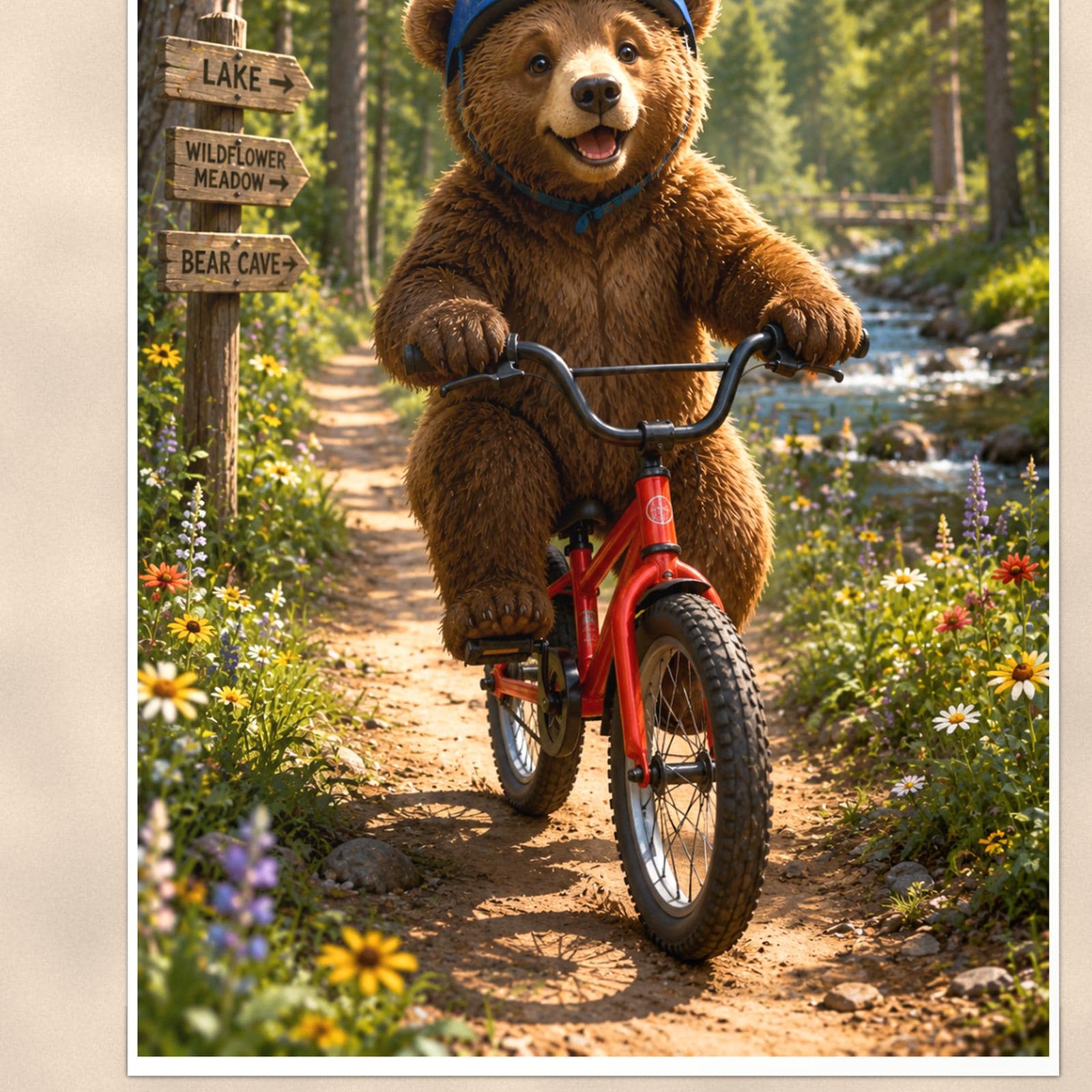 Bicycle Ride Bear — 24x36 in art print poster, premium luster paper with a white border; close-up framed on the main subject of the artwork, paper surface visible.