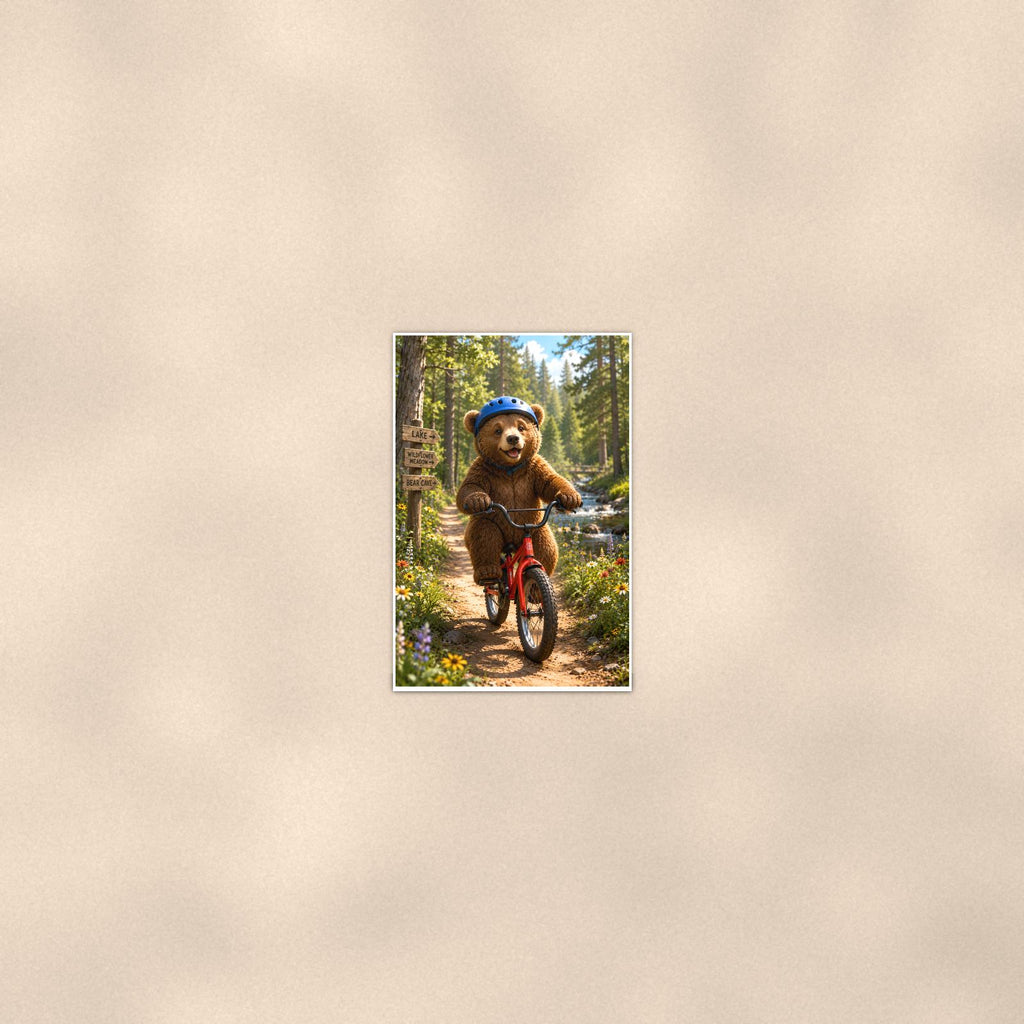 Bicycle Ride Bear — 24x36 in art print poster, premium luster paper with a white border; poster seen from further back, at true 24x36 in scale on a warm wall.