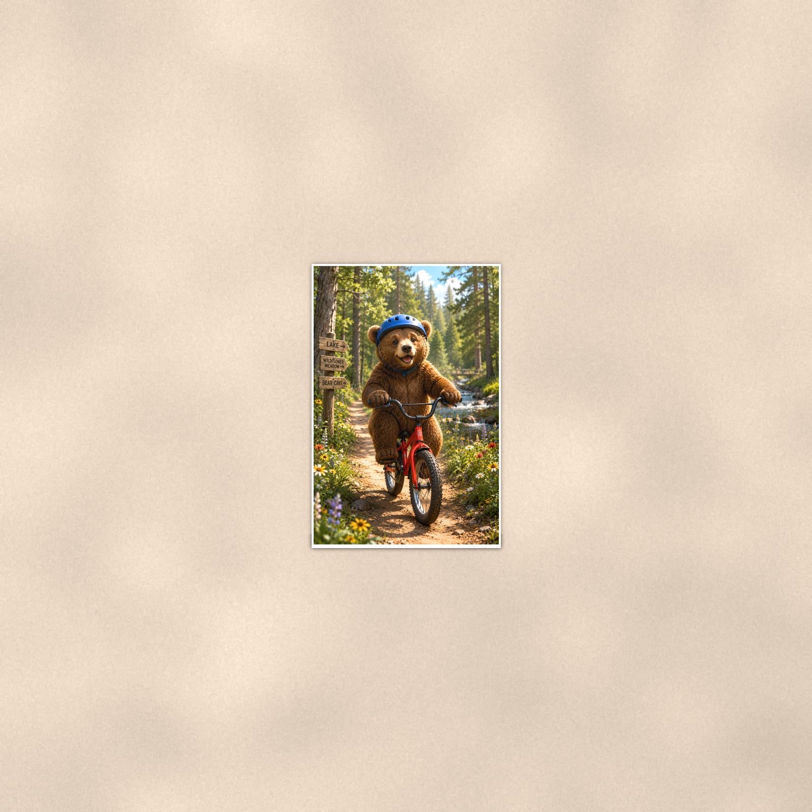 Bicycle Ride Bear — 24x36 in art print poster, premium luster paper with a white border; poster seen from further back, at true 24x36 in scale on a warm wall.