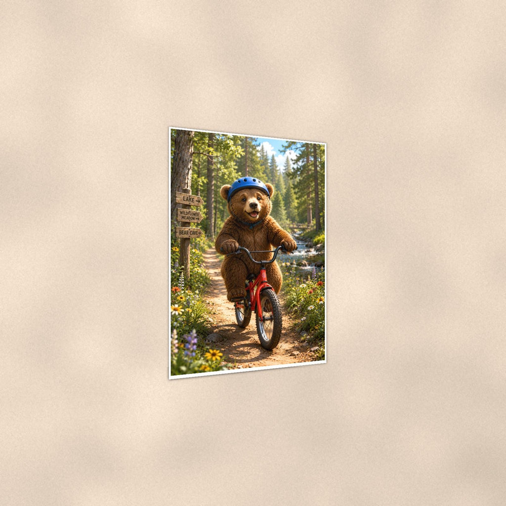 Bicycle Ride Bear — 24x36 in art print poster, premium luster paper with a white border; gentle three-quarter angle on a warm wall, showing the flat paper edge.