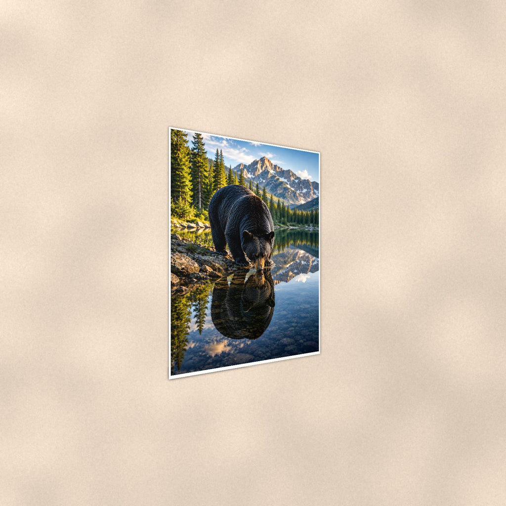 Lake Reflection Bear — 24x36 in art print poster, premium luster paper with a white border; steeper three-quarter angle on a warm wall, catching the luster sheen.