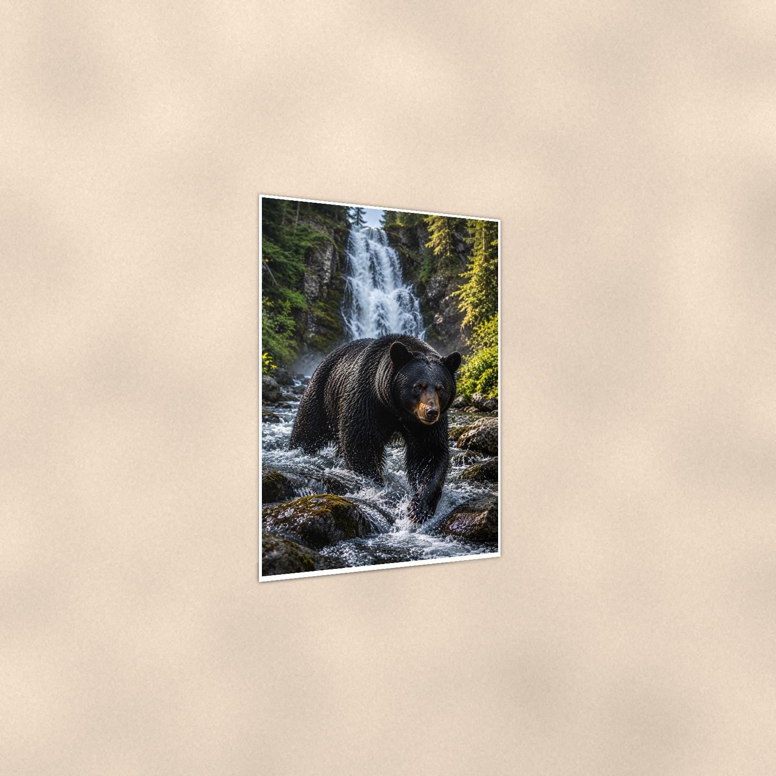 Waterfall Bear — 24x36 in art print poster, premium luster paper with a white border; gentle three-quarter angle on a warm wall, showing the flat paper edge.