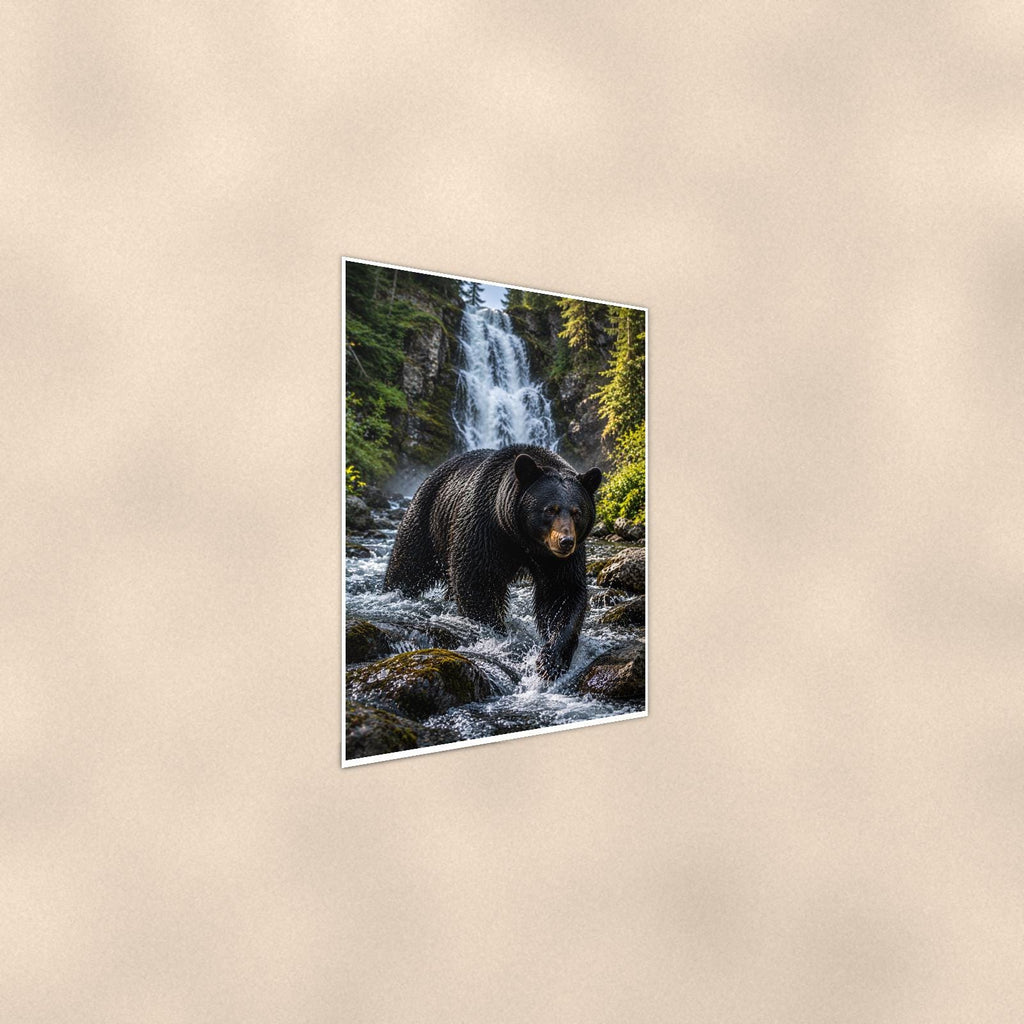 Waterfall Bear — 24x36 in art print poster, premium luster paper with a white border; steeper three-quarter angle on a warm wall, catching the luster sheen.