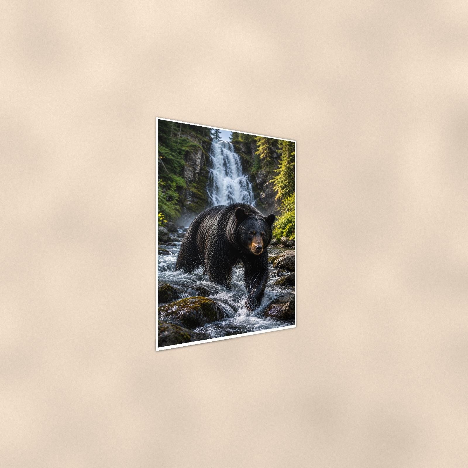 Waterfall Bear — 24x36 in art print poster, premium luster paper with a white border; steeper three-quarter angle on a warm wall, catching the luster sheen.