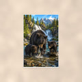 Waterfall Family Bear — 24x36 in art print poster, premium luster paper with a white border; poster shown straight on against a warm wall.