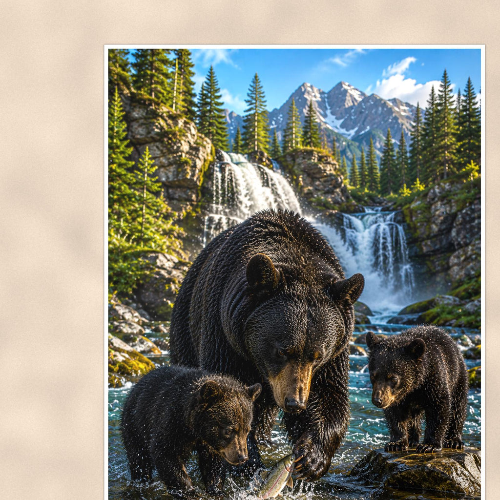 Waterfall Family Bear — 24x36 in art print poster, premium luster paper with a white border; close-up framed on the main subject of the artwork, paper surface visible.