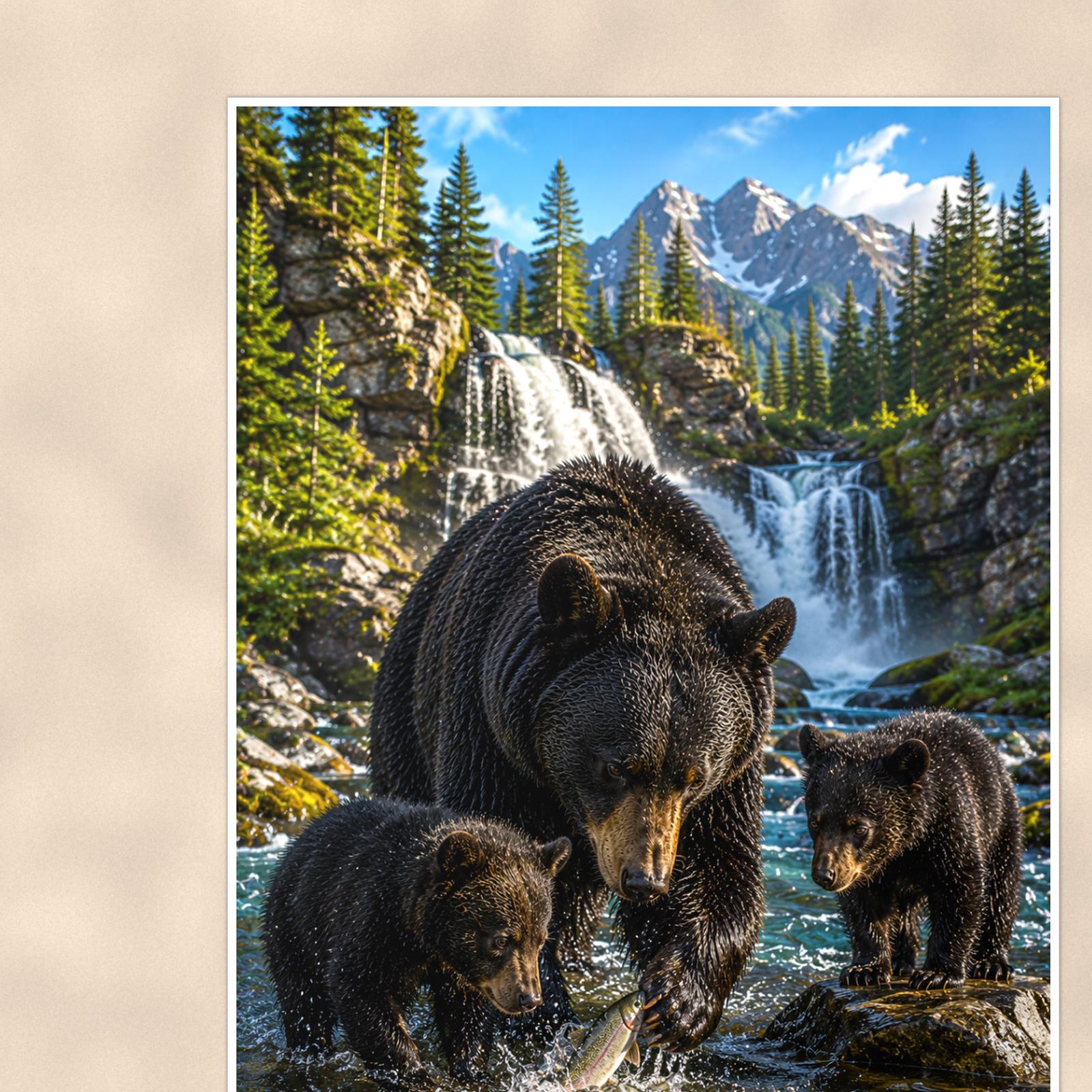 Waterfall Family Bear — 24x36 in art print poster, premium luster paper with a white border; close-up framed on the main subject of the artwork, paper surface visible.