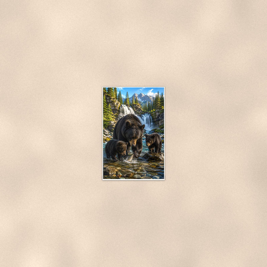 Waterfall Family Bear — 24x36 in art print poster, premium luster paper with a white border; poster seen from further back, at true 24x36 in scale on a warm wall.