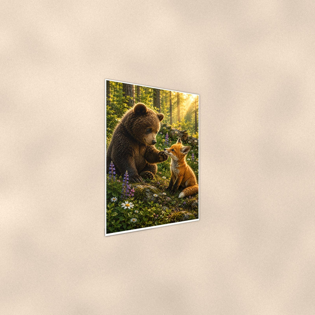 Bear and Fox Bear — 24x36 in art print poster, premium luster paper with a white border; steeper three-quarter angle on a warm wall, catching the luster sheen.