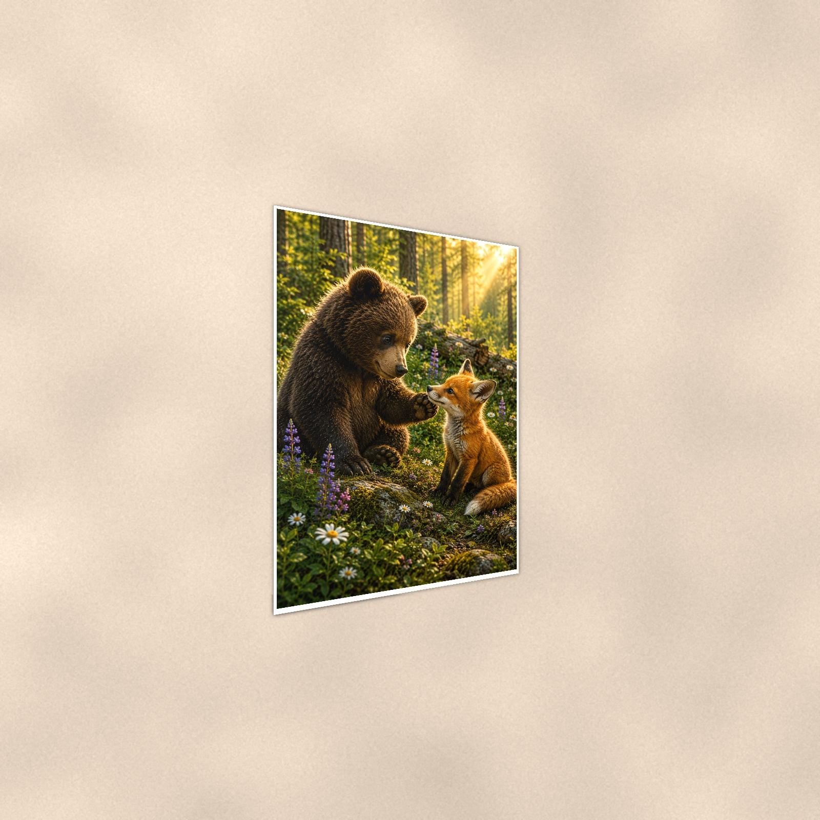 Bear and Fox Bear — 24x36 in art print poster, premium luster paper with a white border; steeper three-quarter angle on a warm wall, catching the luster sheen.