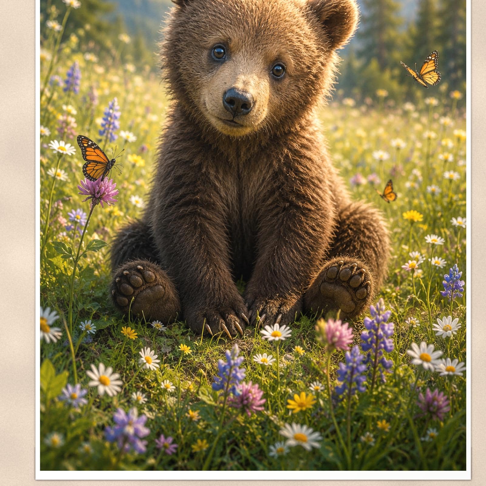 Cub and Butterflies Bear — 24x36 in art print poster, premium luster paper with a white border; close-up framed on the main subject of the artwork, paper surface visible.