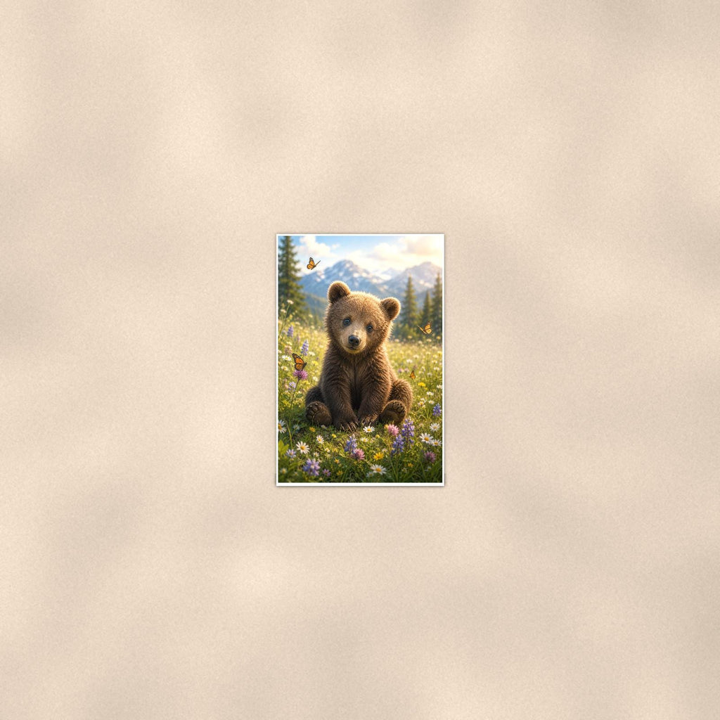 Cub and Butterflies Bear — 24x36 in art print poster, premium luster paper with a white border; poster seen from further back, at true 24x36 in scale on a warm wall.