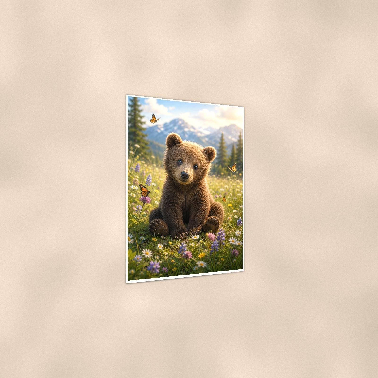 Cub and Butterflies Bear — 24x36 in art print poster, premium luster paper with a white border; gentle three-quarter angle on a warm wall, showing the flat paper edge.
