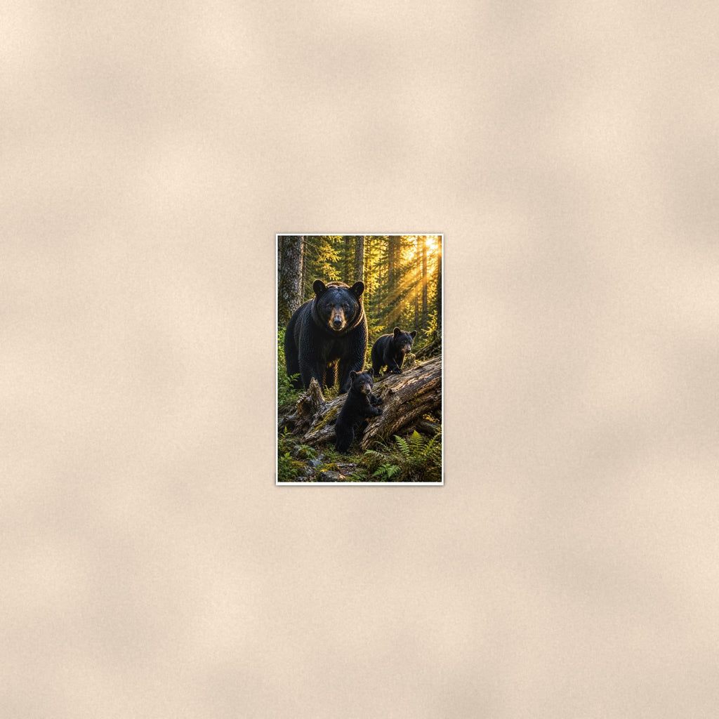 Forest Sunbeams Bear — 24x36 in art print poster, premium luster paper with a white border; poster seen from further back, at true 24x36 in scale on a warm wall.