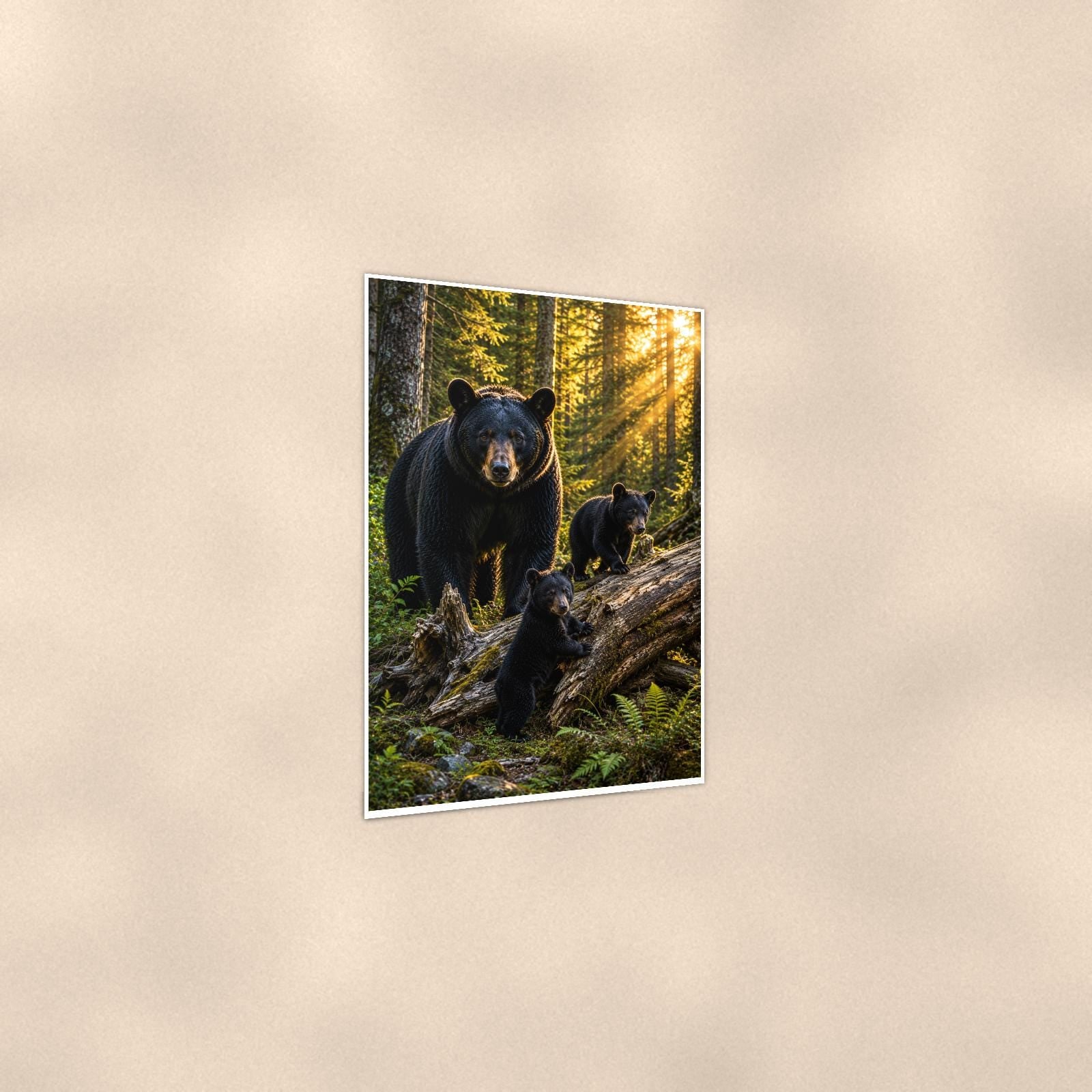 Forest Sunbeams Bear — 24x36 in art print poster, premium luster paper with a white border; gentle three-quarter angle on a warm wall, showing the flat paper edge.