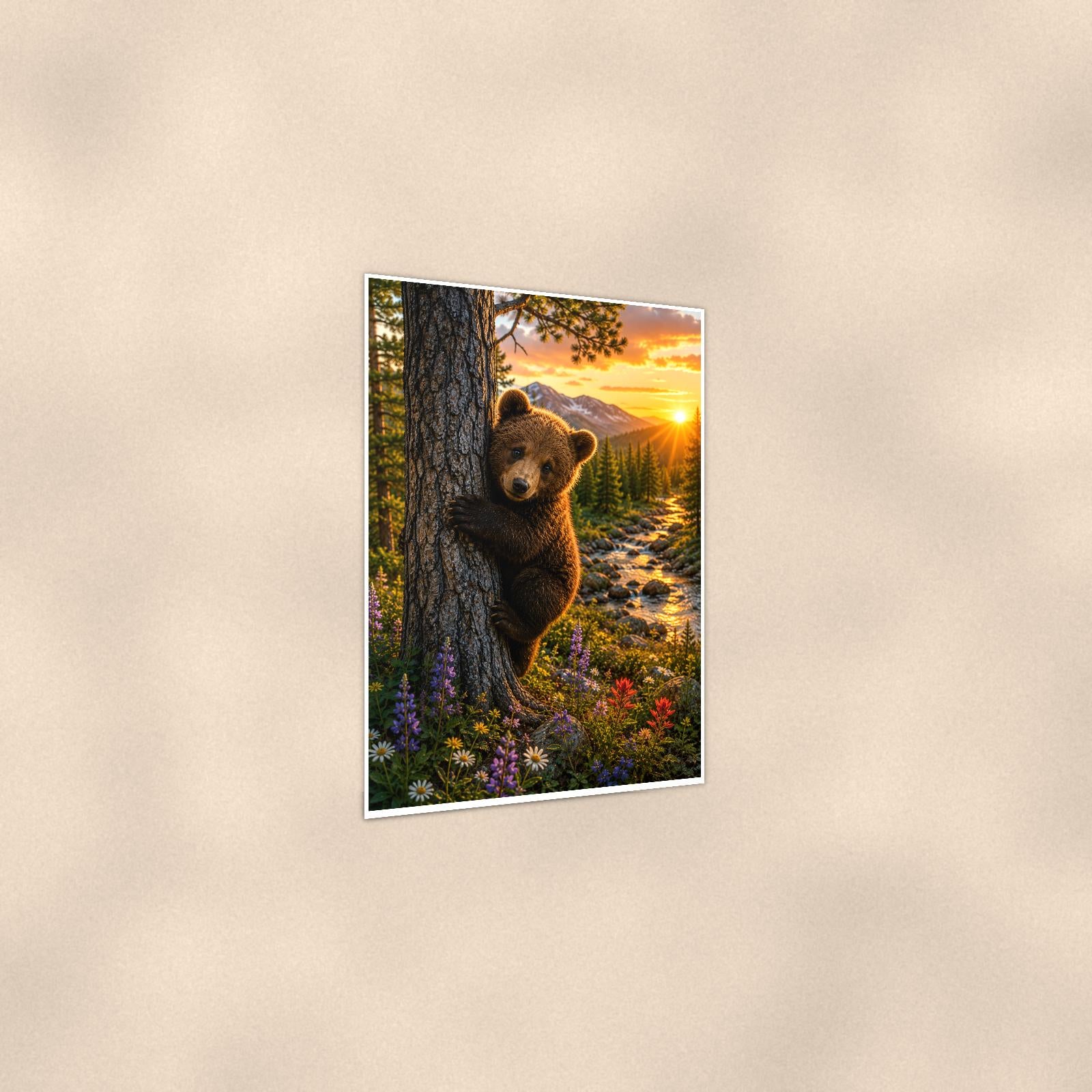 Cub at Sunset Bear — 24x36 in art print poster, premium luster paper with a white border; gentle three-quarter angle on a warm wall, showing the flat paper edge.