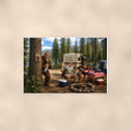 Campsite Photobomb Bigfoot — 36x24 in art print poster, premium luster paper with a white border; poster shown straight on against a warm wall.