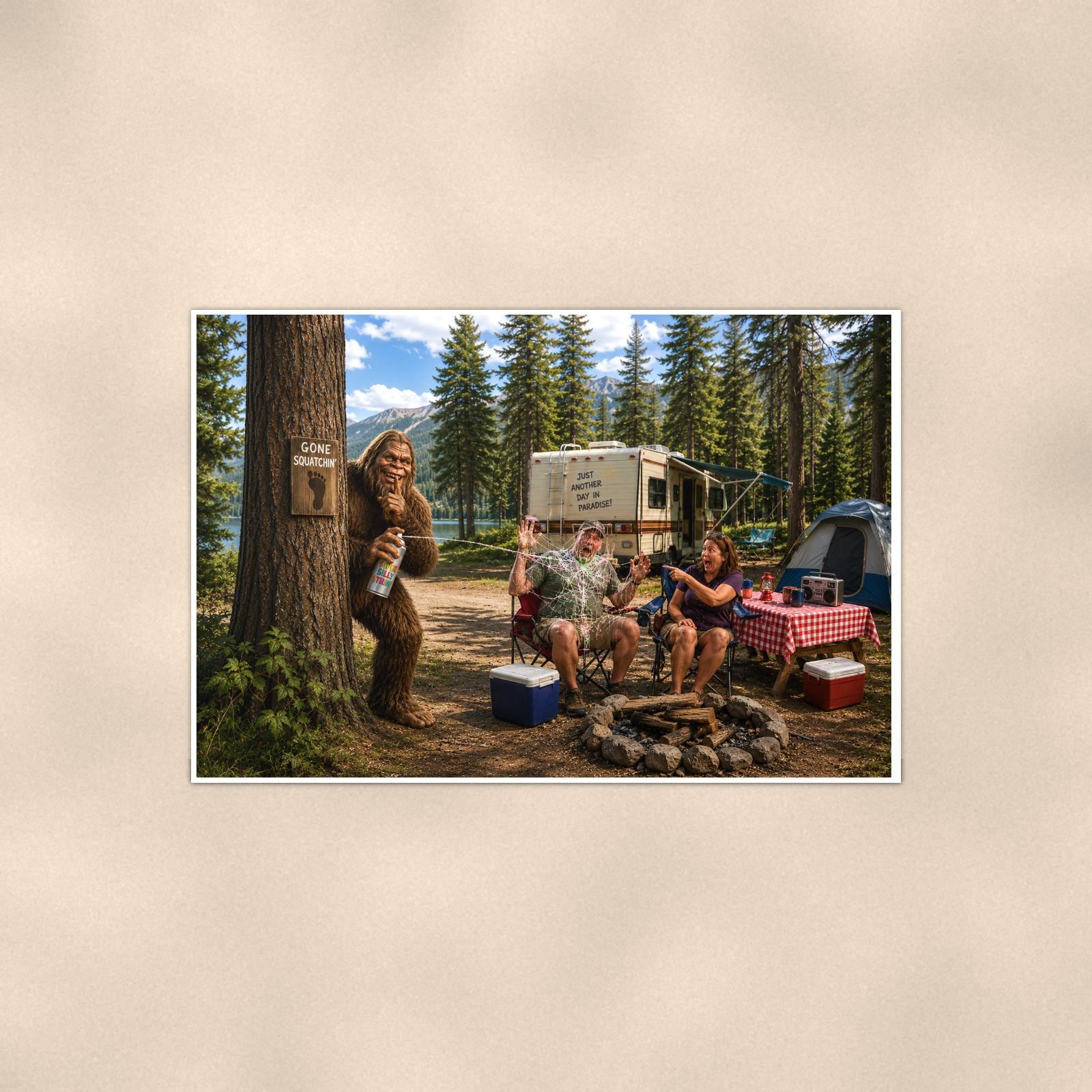 Campsite Photobomb Bigfoot — 36x24 in art print poster, premium luster paper with a white border; poster shown straight on against a warm wall.