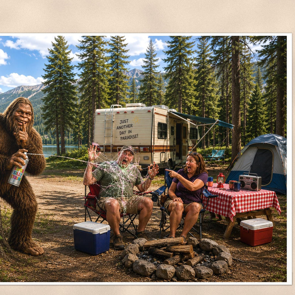 Campsite Photobomb Bigfoot — 36x24 in art print poster, premium luster paper with a white border; close-up framed on the main subject of the artwork, paper surface visible.