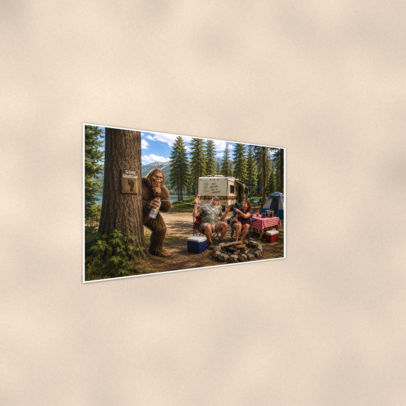 Campsite Photobomb Bigfoot — 36x24 in art print poster, premium luster paper with a white border; steeper three-quarter angle on a warm wall, catching the luster sheen.