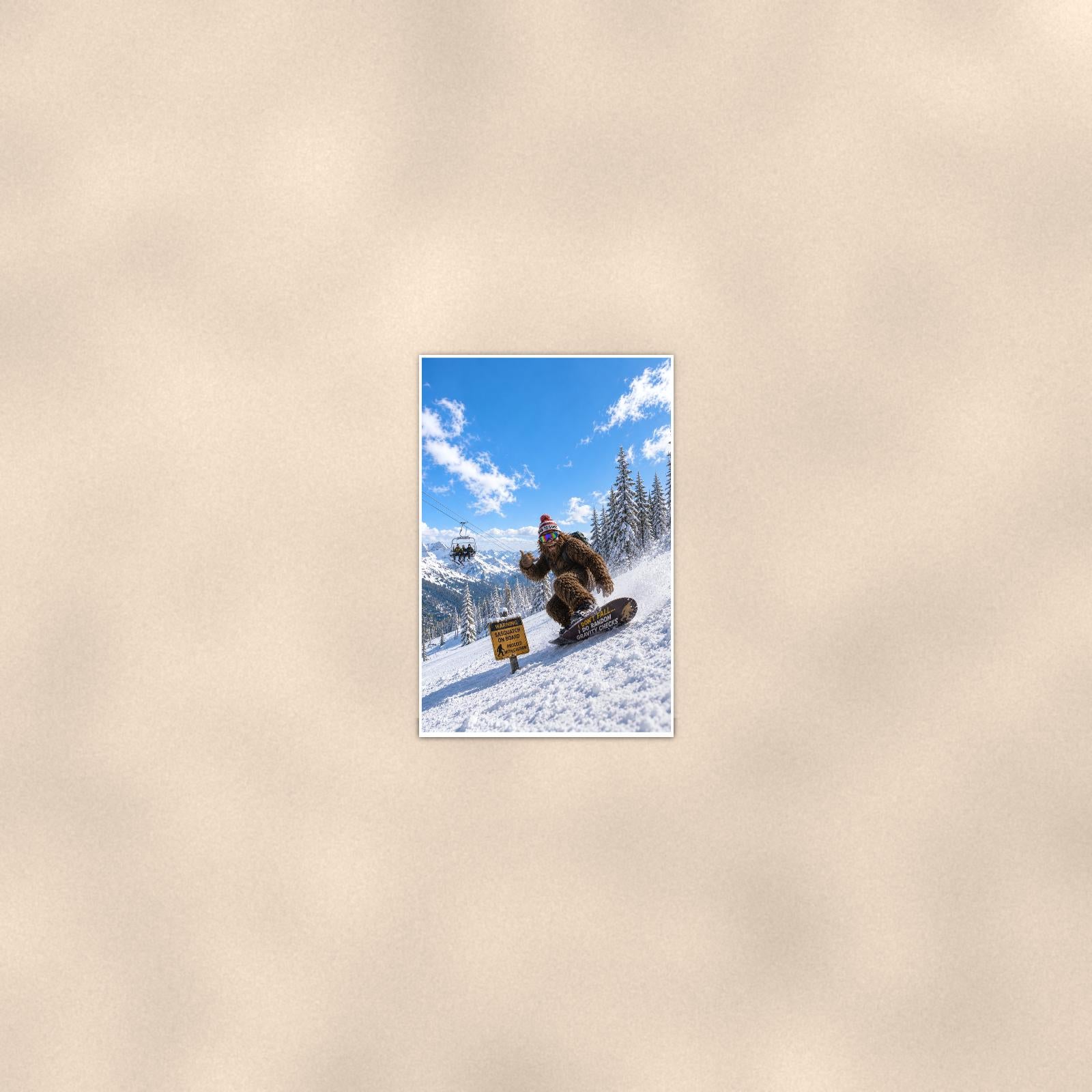Snowboard Bigfoot — 24x36 in art print poster, premium luster paper with a white border; poster seen from further back, at true 24x36 in scale on a warm wall.