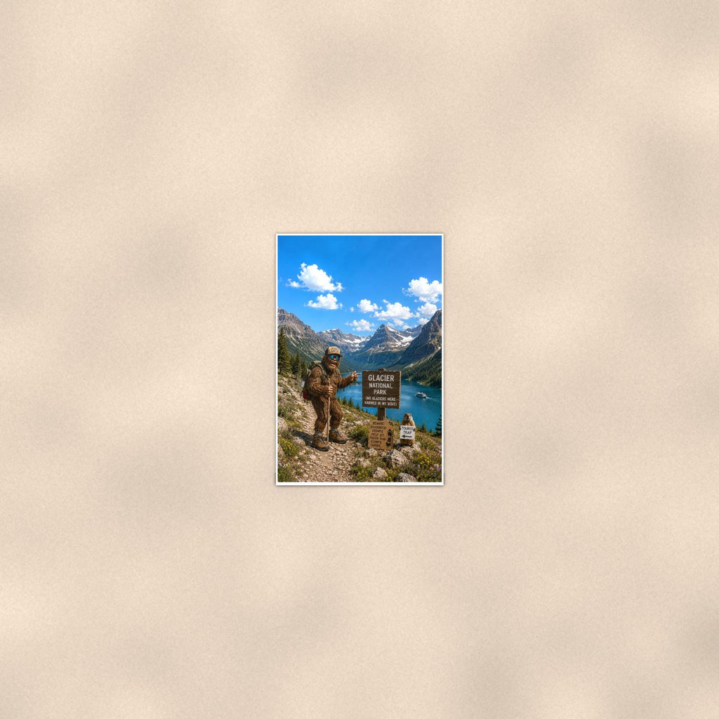 Glacier Bigfoot — 24x36 in art print poster, premium luster paper with a white border; poster seen from further back, at true 24x36 in scale on a warm wall.