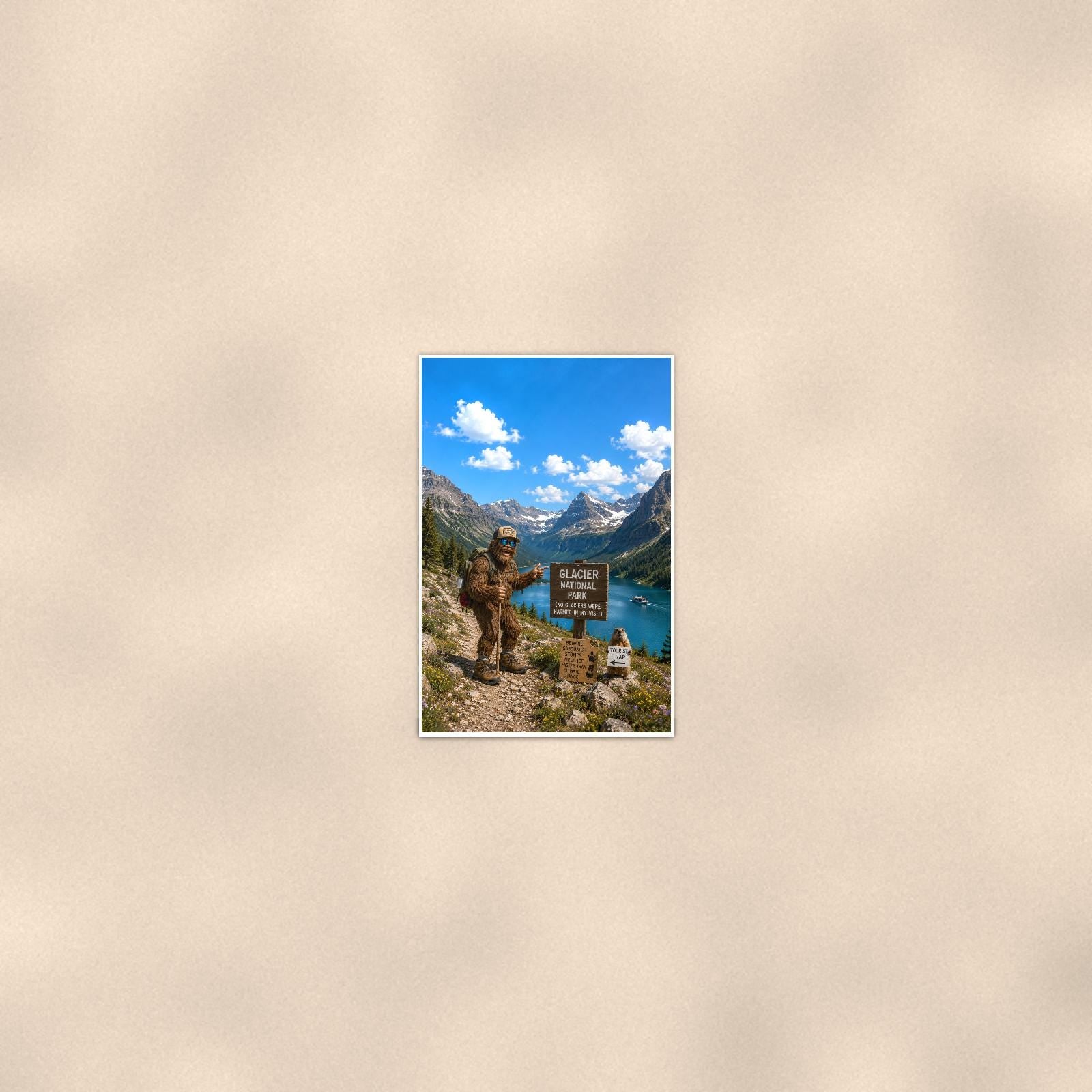 Glacier Bigfoot — 24x36 in art print poster, premium luster paper with a white border; poster seen from further back, at true 24x36 in scale on a warm wall.