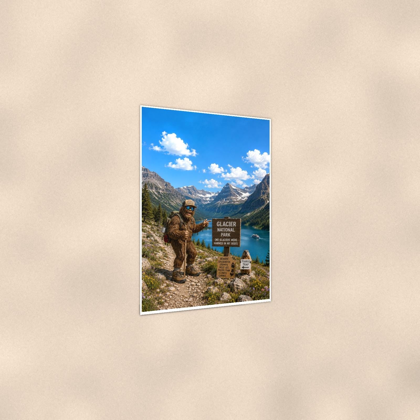 Glacier Bigfoot — 24x36 in art print poster, premium luster paper with a white border; gentle three-quarter angle on a warm wall, showing the flat paper edge.