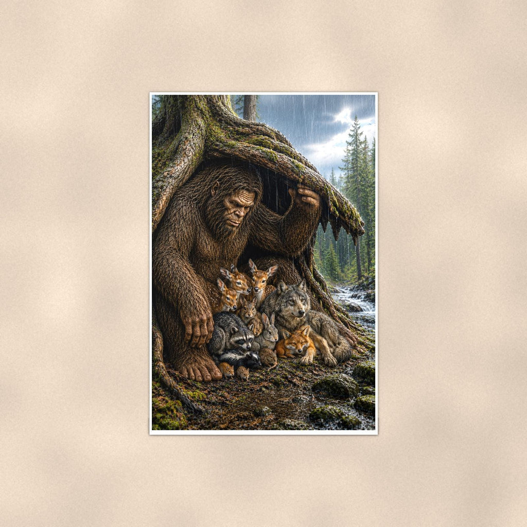 Forest Friends Bigfoot — 24x36 in art print poster, premium luster paper with a white border; poster shown straight on against a warm wall.