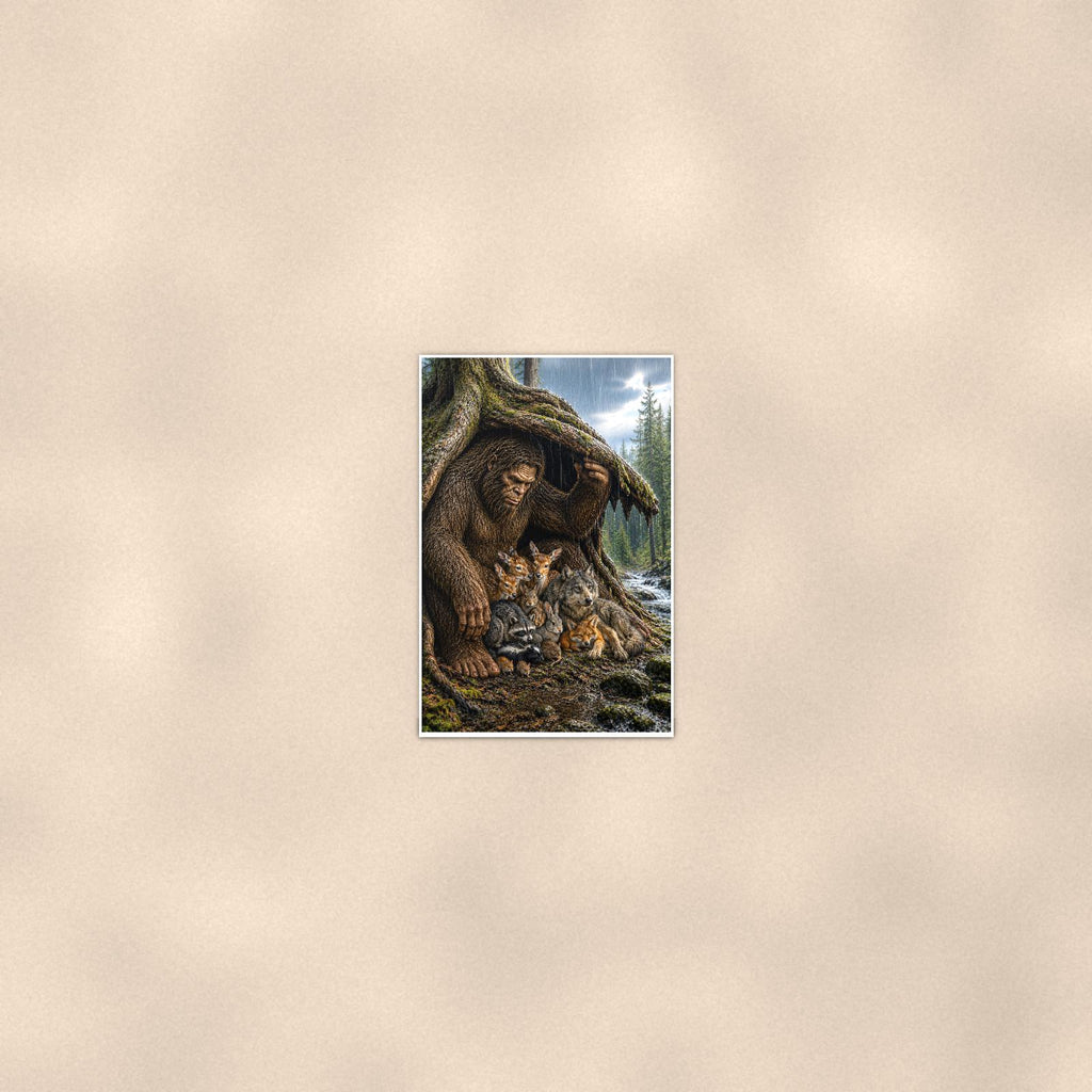 Forest Friends Bigfoot — 24x36 in art print poster, premium luster paper with a white border; poster seen from further back, at true 24x36 in scale on a warm wall.