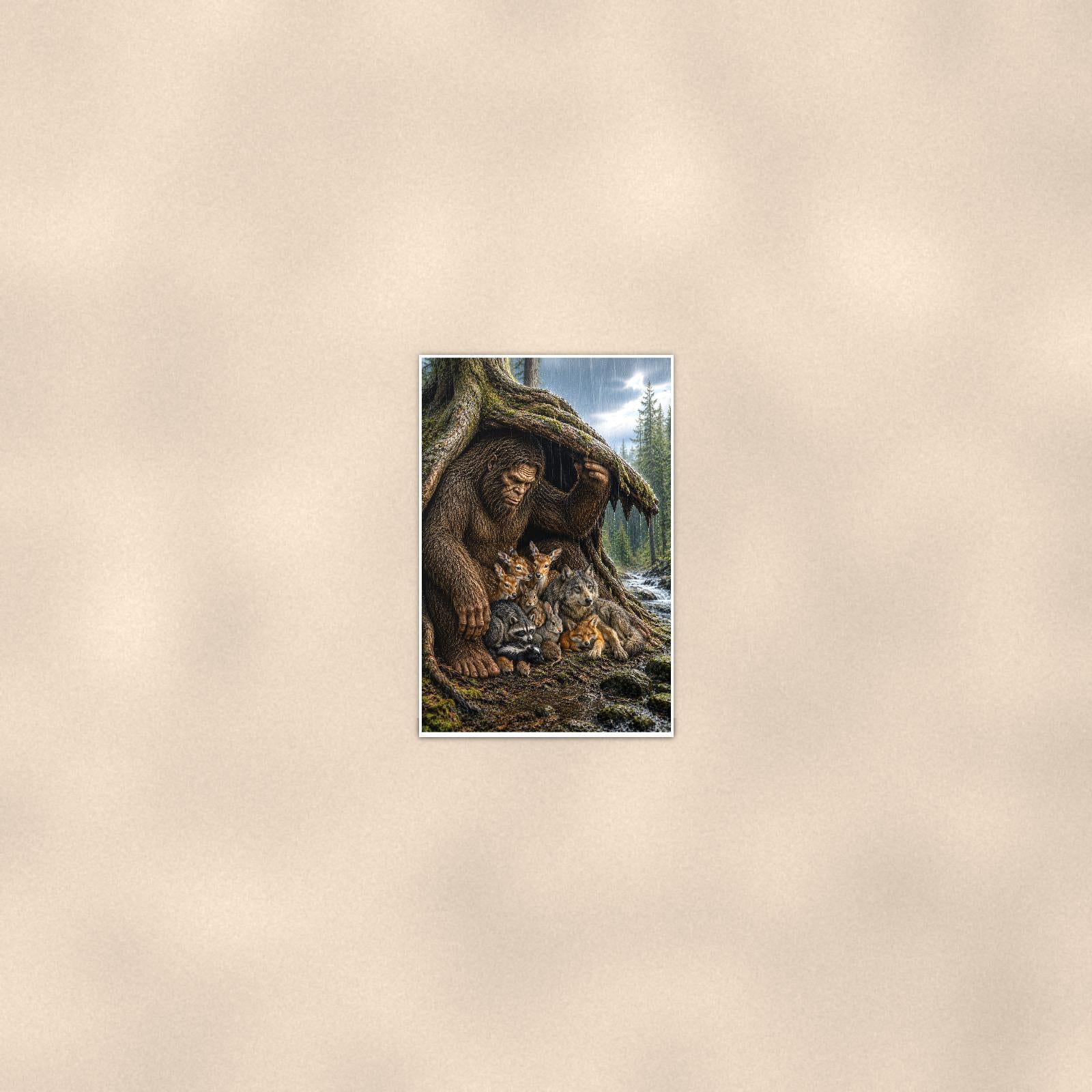 Forest Friends Bigfoot — 24x36 in art print poster, premium luster paper with a white border; poster seen from further back, at true 24x36 in scale on a warm wall.