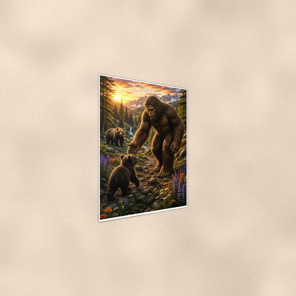 Bear Cub Buddies Bigfoot — 24x36 in art print poster, premium luster paper with a white border; steeper three-quarter angle on a warm wall, catching the luster sheen.