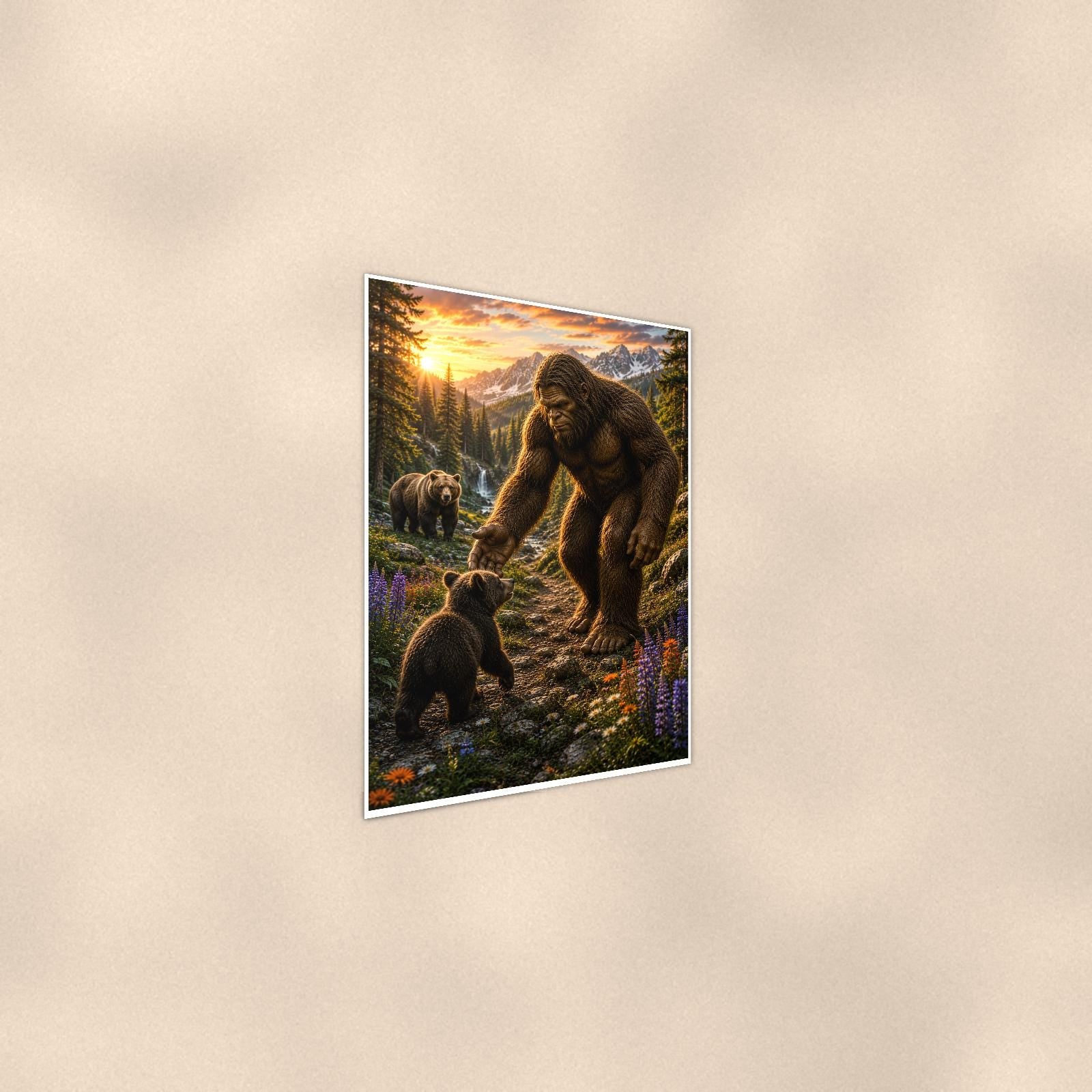 Bear Cub Buddies Bigfoot — 24x36 in art print poster, premium luster paper with a white border; steeper three-quarter angle on a warm wall, catching the luster sheen.