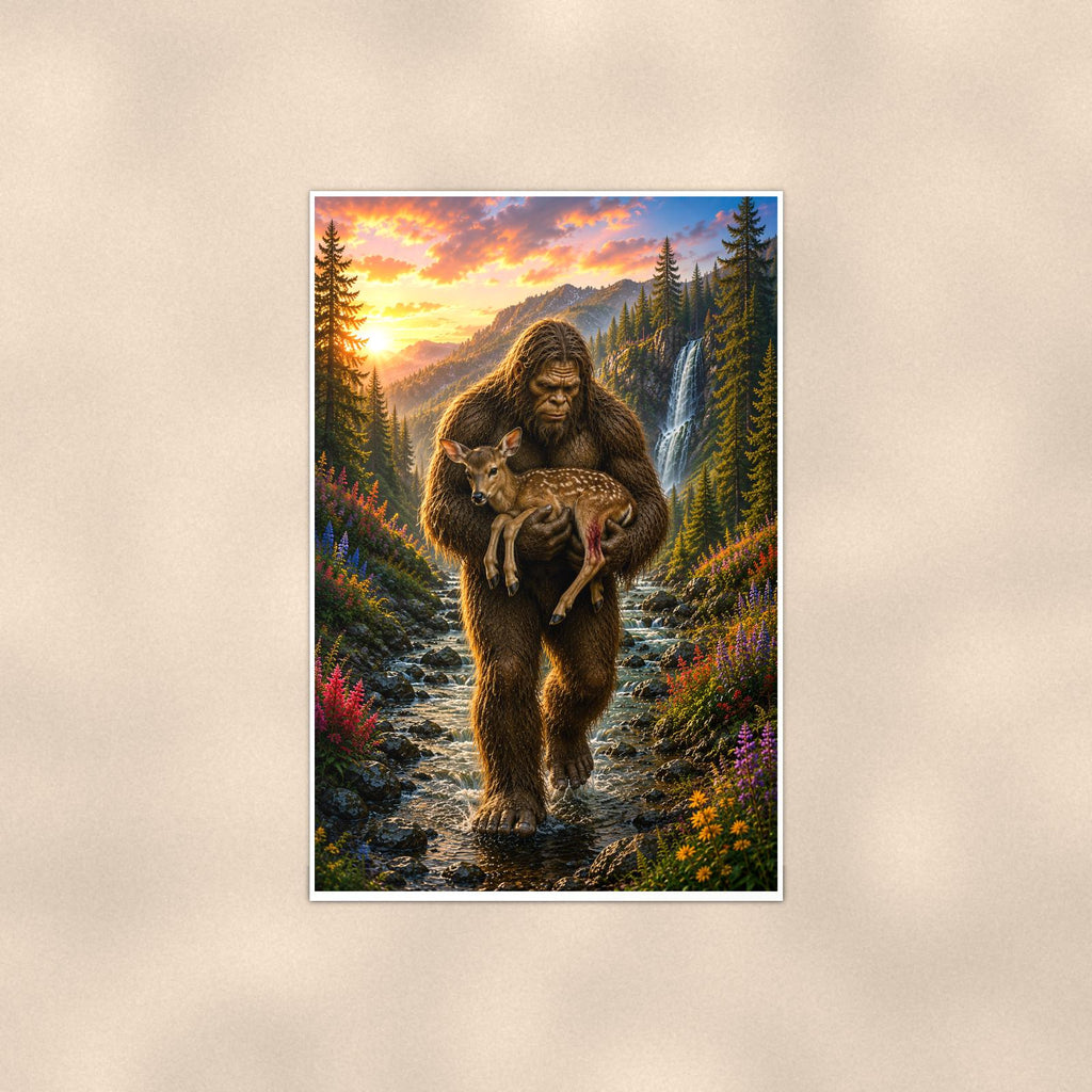 Fawn Rescue Bigfoot — 24x36 in art print poster, premium luster paper with a white border; poster shown straight on against a warm wall.