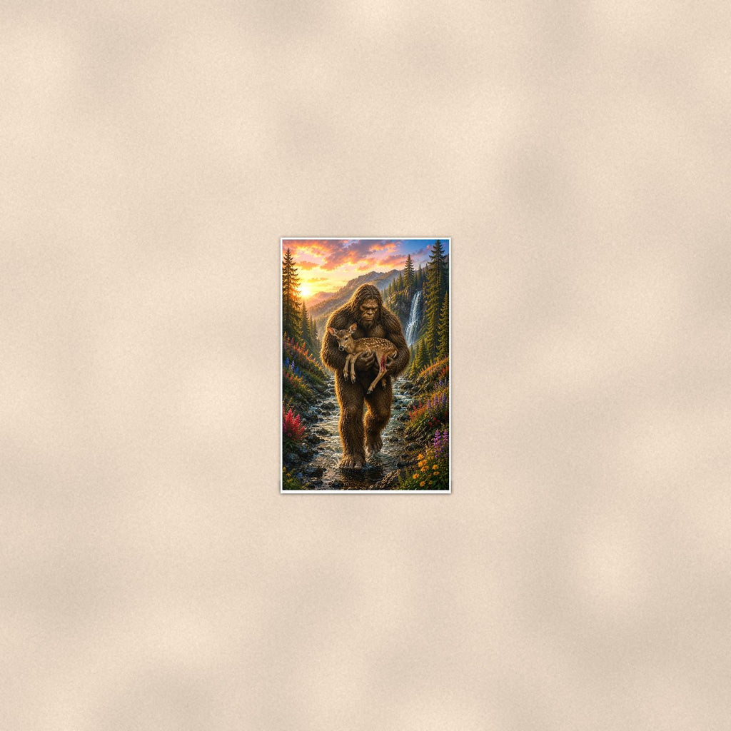 Fawn Rescue Bigfoot — 24x36 in art print poster, premium luster paper with a white border; poster seen from further back, at true 24x36 in scale on a warm wall.