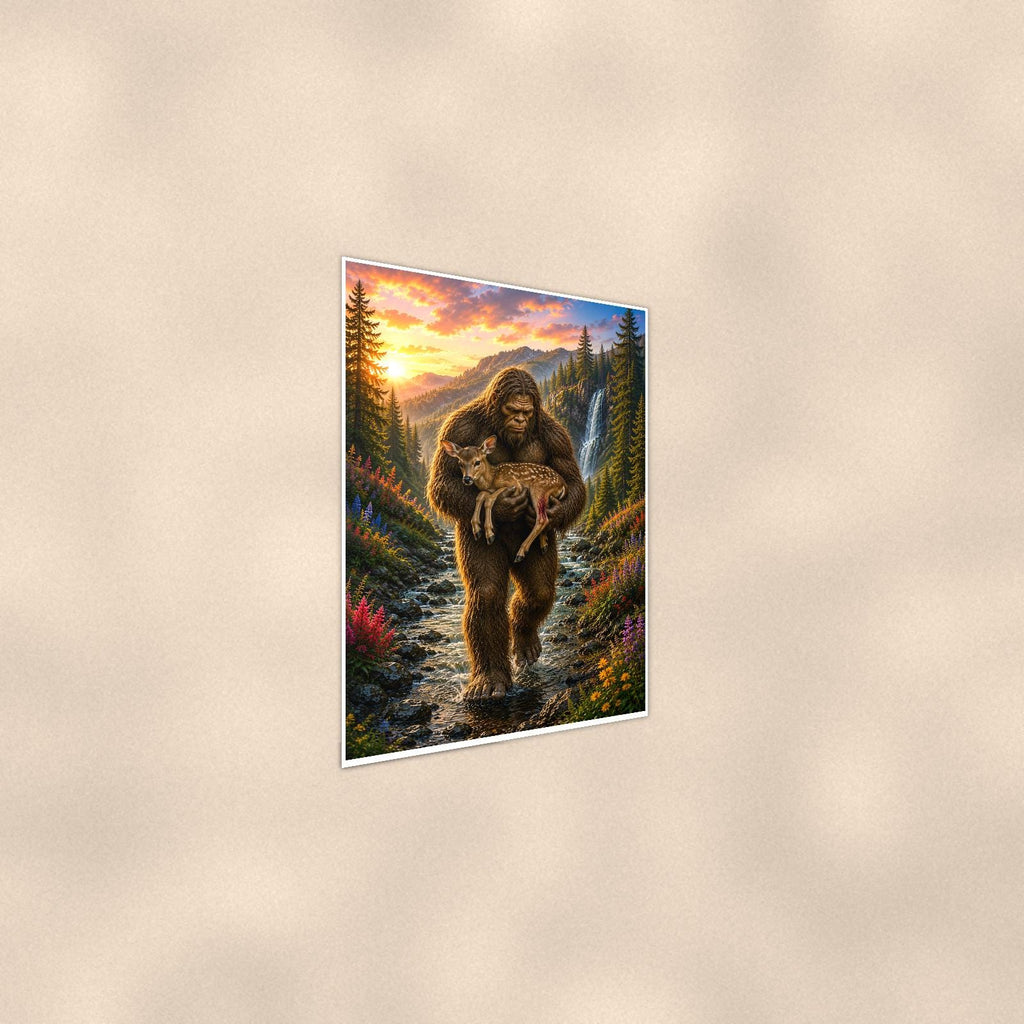 Fawn Rescue Bigfoot — 24x36 in art print poster, premium luster paper with a white border; steeper three-quarter angle on a warm wall, catching the luster sheen.